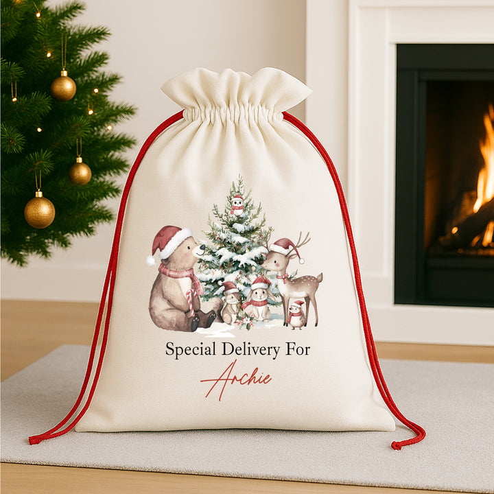 Personalised Bear Woodlands Christmas Red Drawstring Santa Sack