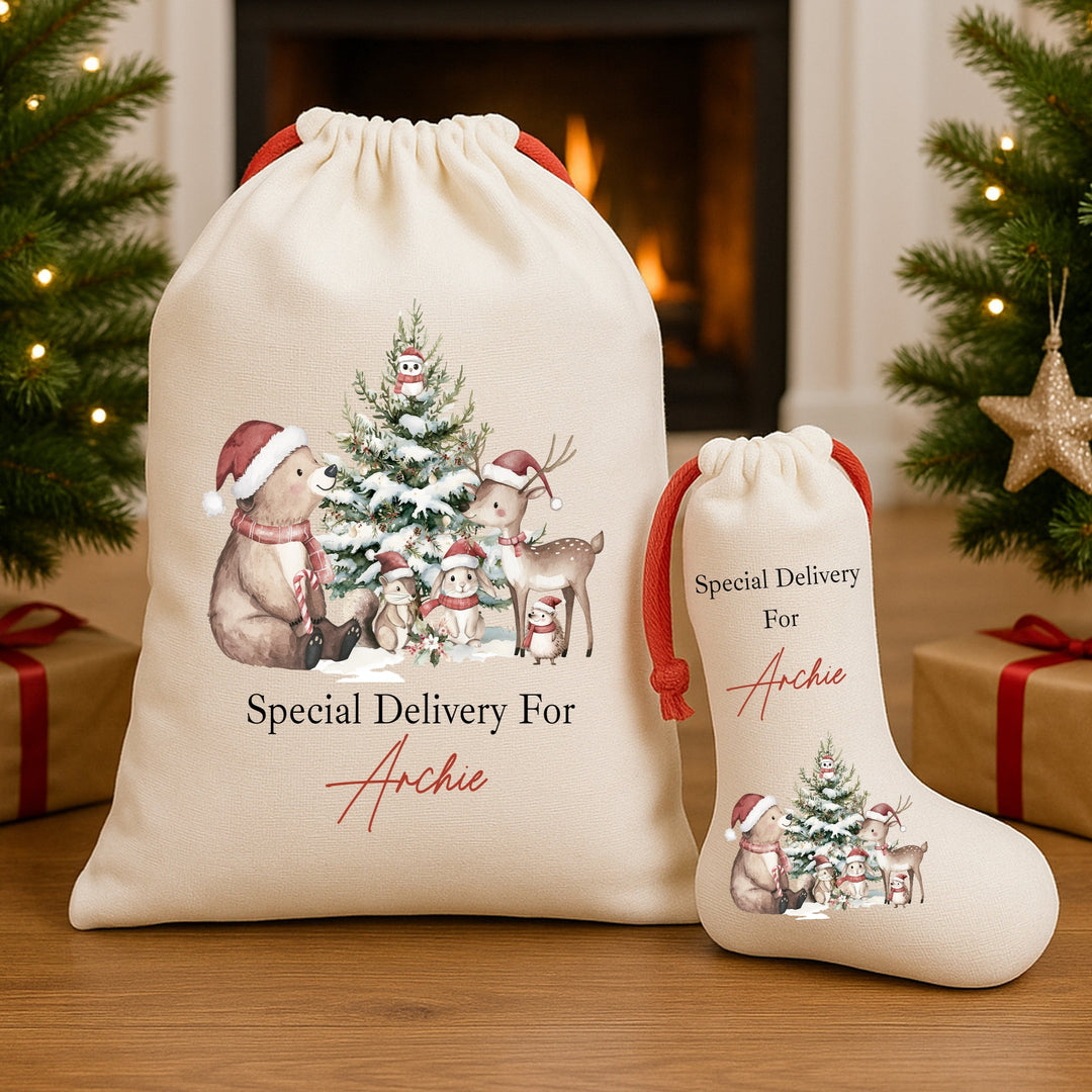 Personalised Bear Woodlands Christmas Red Drawstring Santa Sack