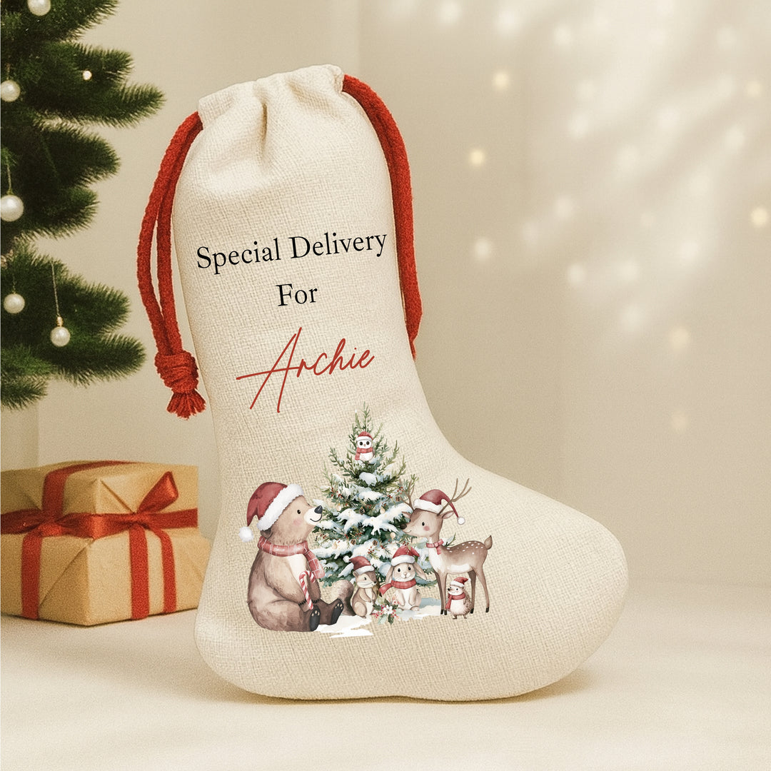 Personalised Bear Woodlands Christmas Red Drawstring Santa Sack