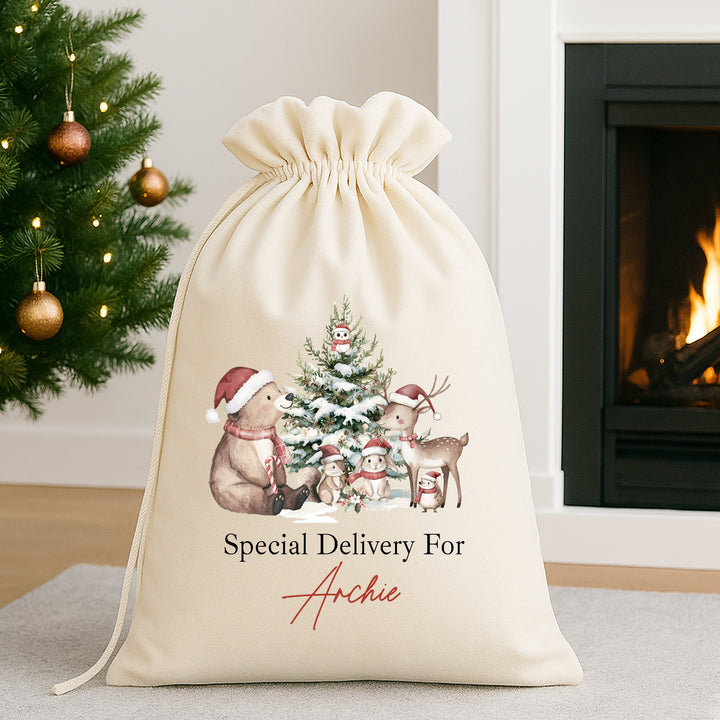 Personalised Woodlands Bears Christmas Stocking or Santa Sack