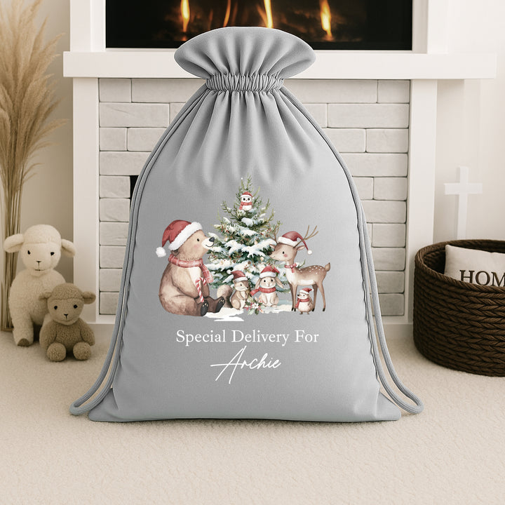Personalised Woodlands Bears Christmas Stocking or Santa Sack