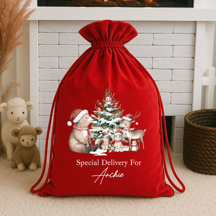 Personalised Woodlands Bears Christmas Stocking or Santa Sack
