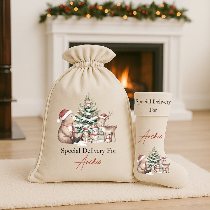 Personalised Woodlands Bears Christmas Stocking or Santa Sack