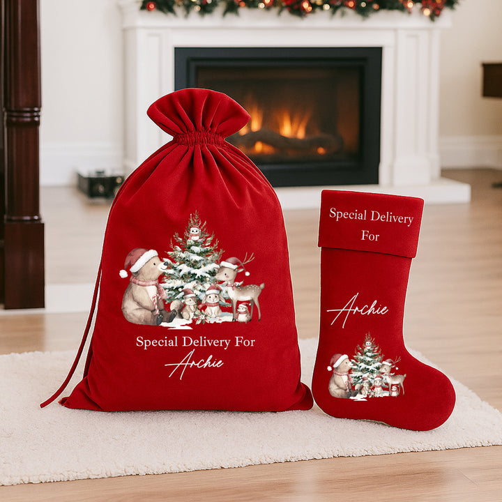 Personalised Woodlands Bears Christmas Stocking or Santa Sack