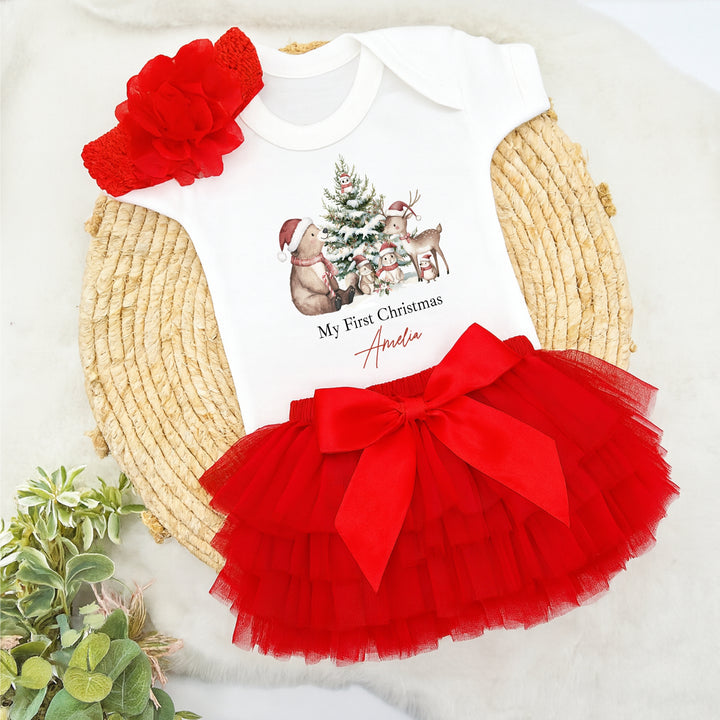 Personalised Woodland Bear Christmas Red Tutu & Vest Set