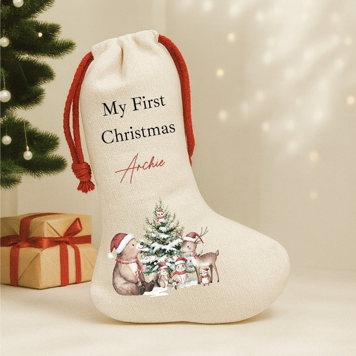 Personalised Bear Woodlands Christmas Red Drawstring Santa Sack