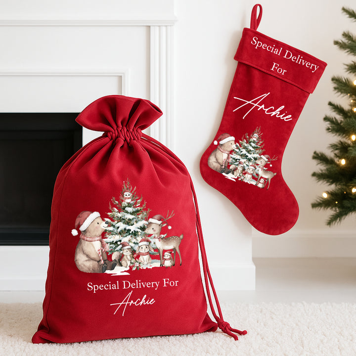 Personalised Woodlands Bears Christmas Stocking or Santa Sack