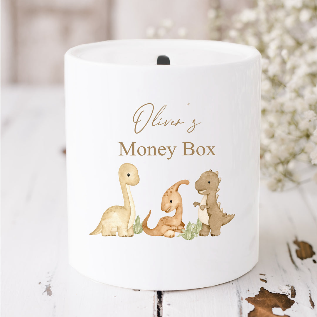 Personalised Beige Dinosaur Ceramic Money Box