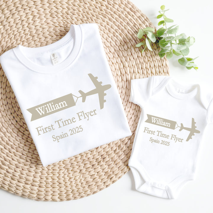 Personalised Beige First Time Flyer Baby Vest/T-shirt