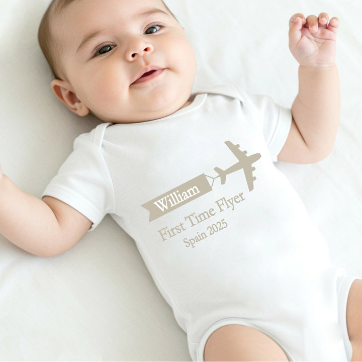 Personalised Beige First Time Flyer Baby Vest/T-shirt