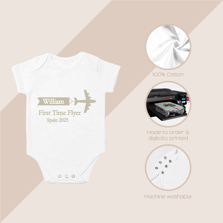 Personalised Beige First Time Flyer Baby Vest/T-shirt