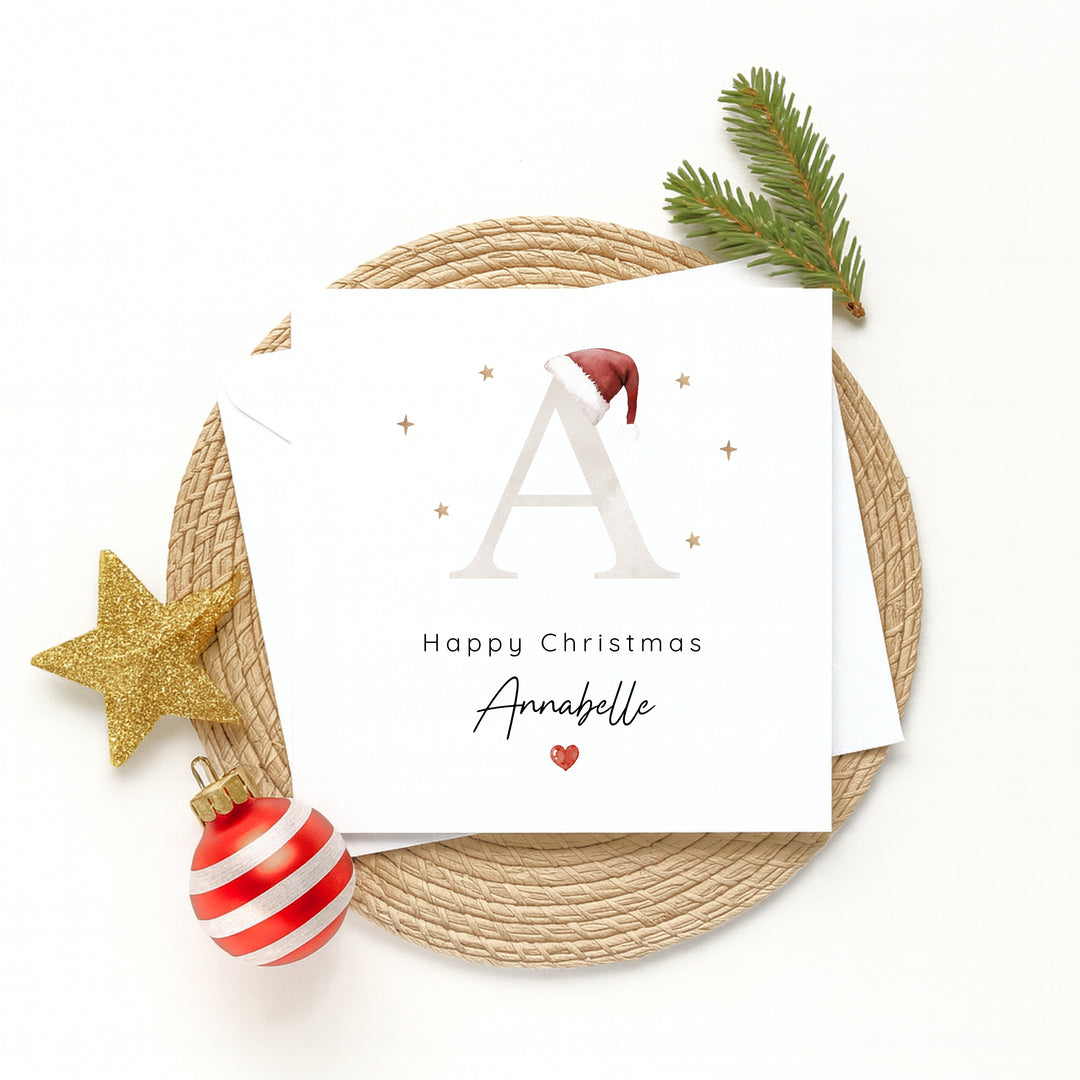 Personalised Beige Initial Santa Hat Christmas Card