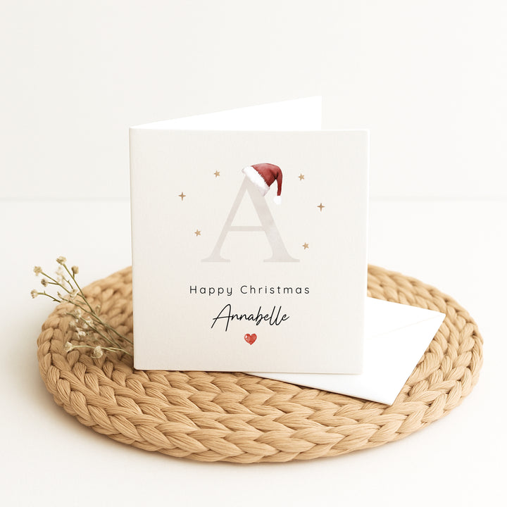 Personalised Beige Initial Santa Hat Christmas Card