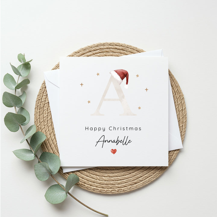 Personalised Beige Initial Santa Hat Christmas Card