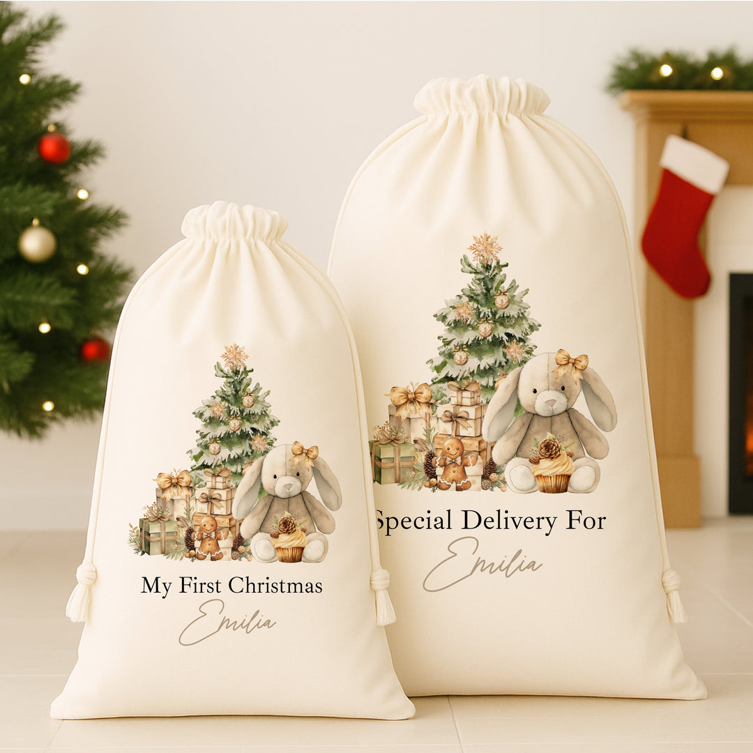Personalised Beige Bunny Christmas Canvas Santa Sack