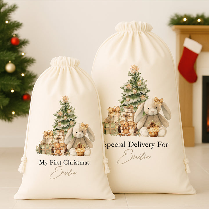 Personalised Beige Bunny Christmas Canvas Santa Sack