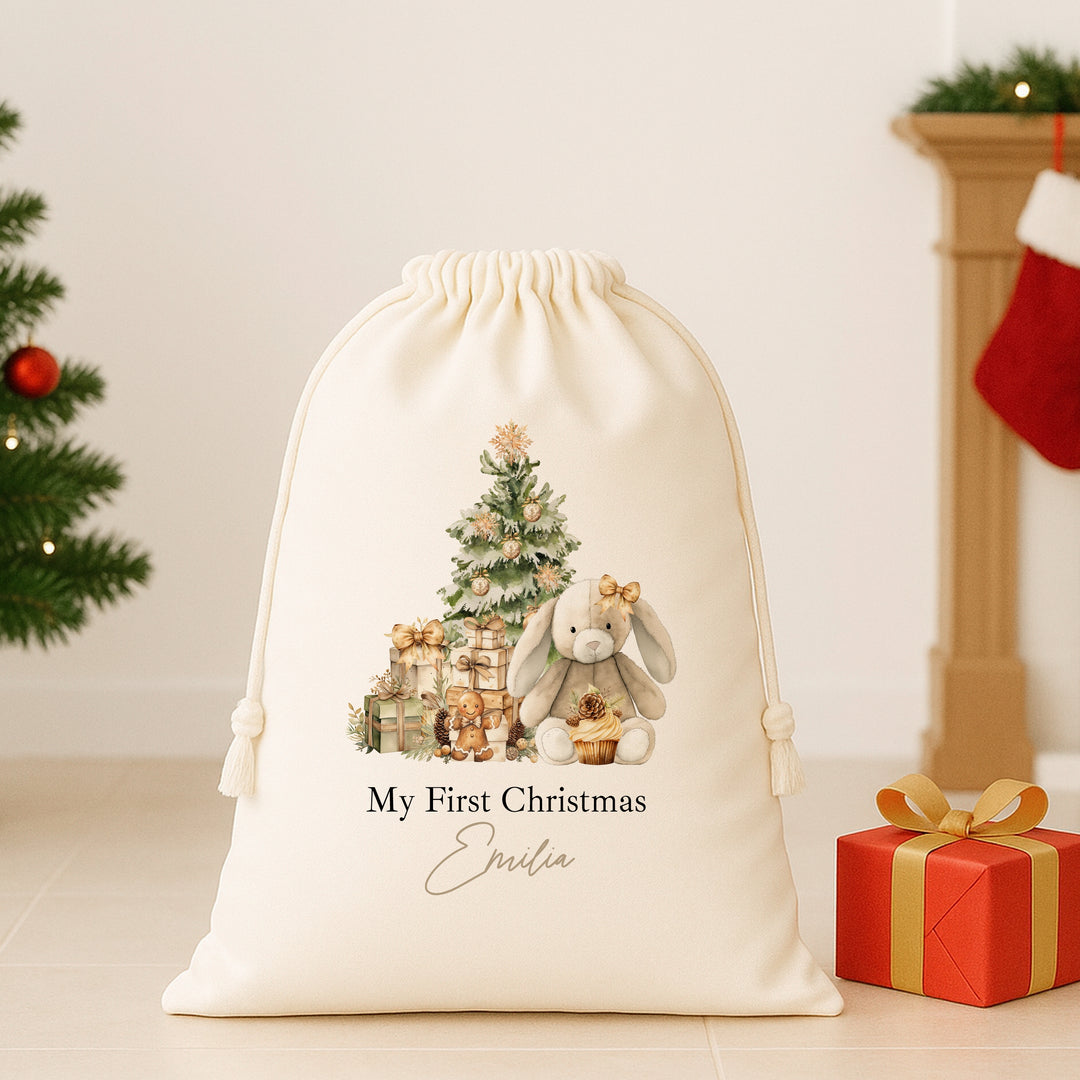 Personalised Beige Bunny Christmas Canvas Santa Sack