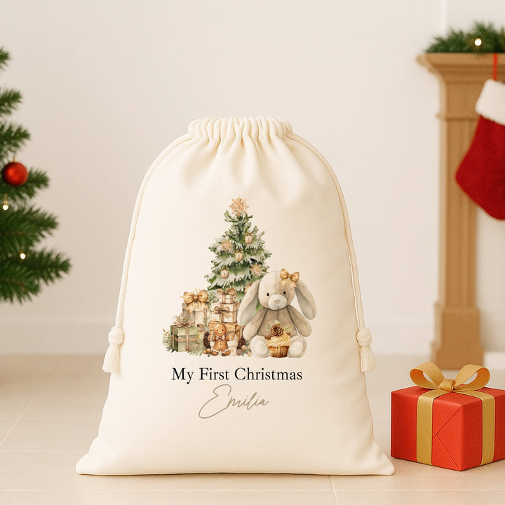 Personalised Beige Bunny Christmas Canvas Santa Sack