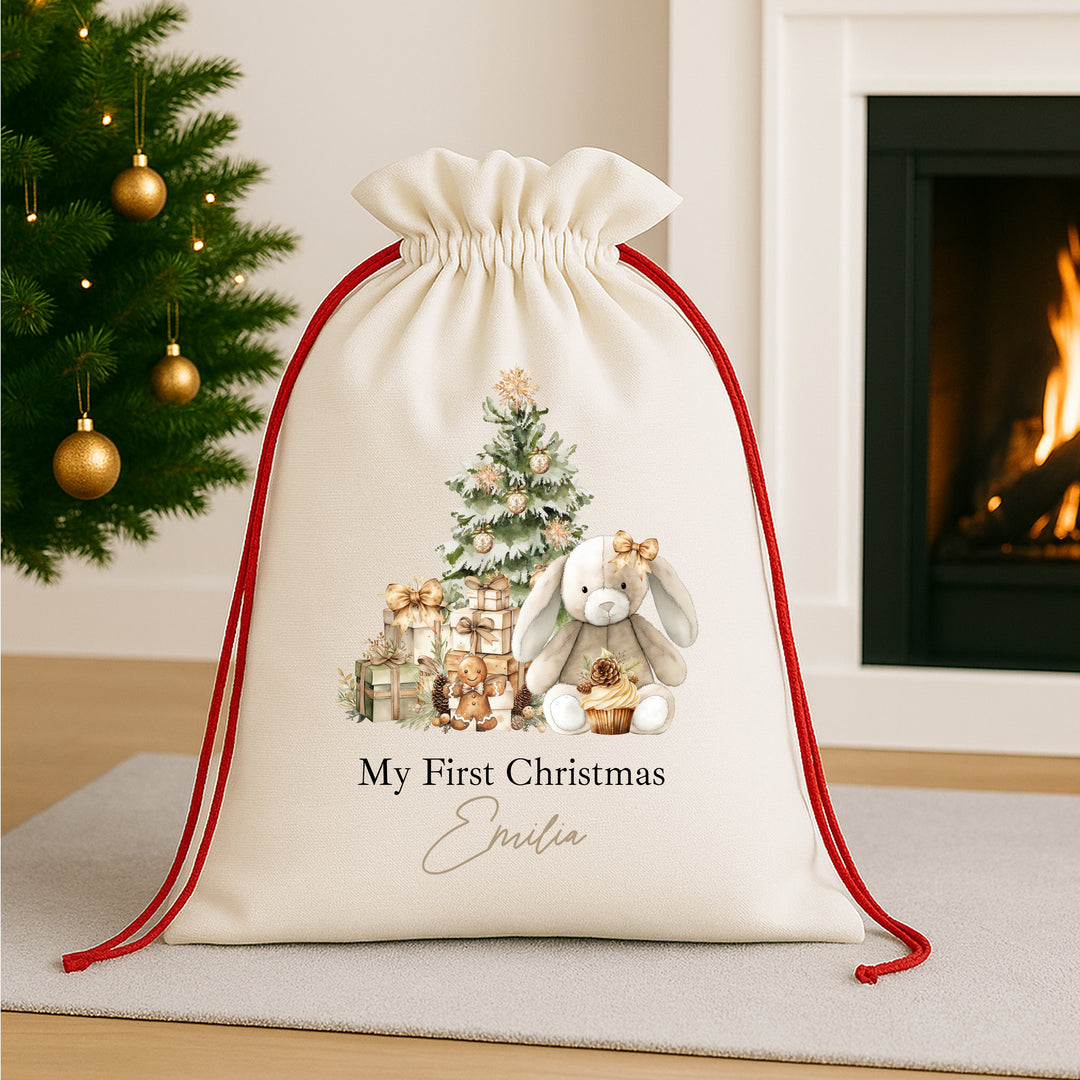 Personalised Beige Bunny Christmas Red Drawstring Santa Sack