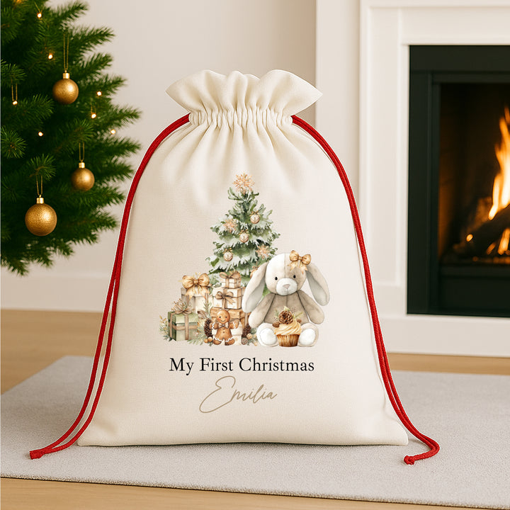 Personalised Beige Bunny Christmas Red Drawstring Santa Sack