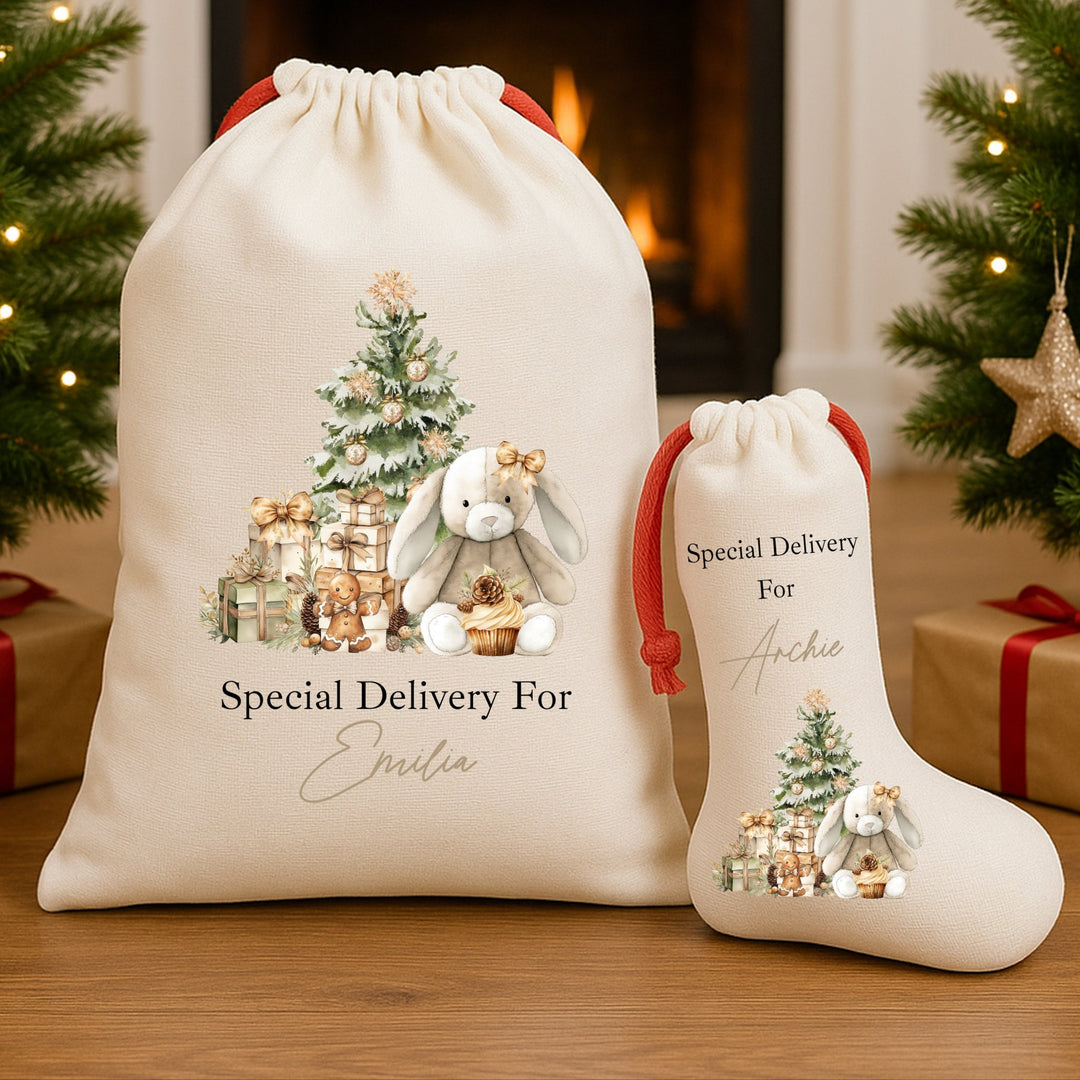 Personalised Beige Bunny Christmas Red Drawstring Santa Sack