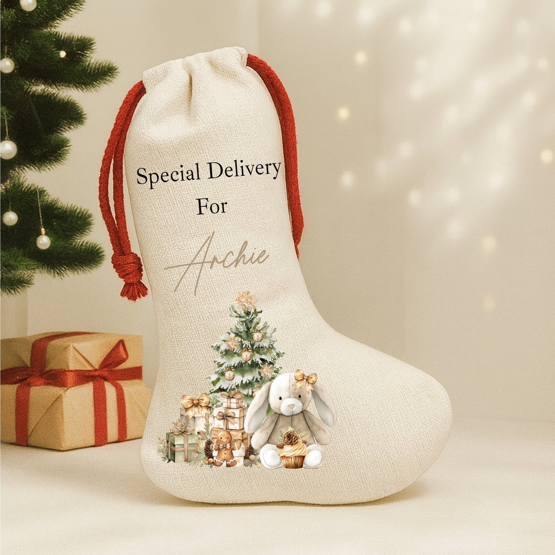 Personalised Beige Bunny Christmas Red Drawstring Santa Sack