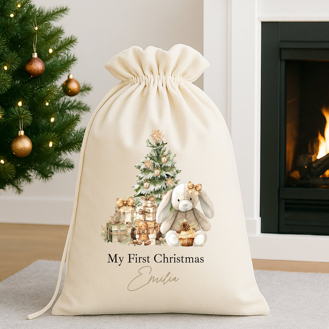 Personalised Beige Bunny Christmas Stocking or Santa Sack