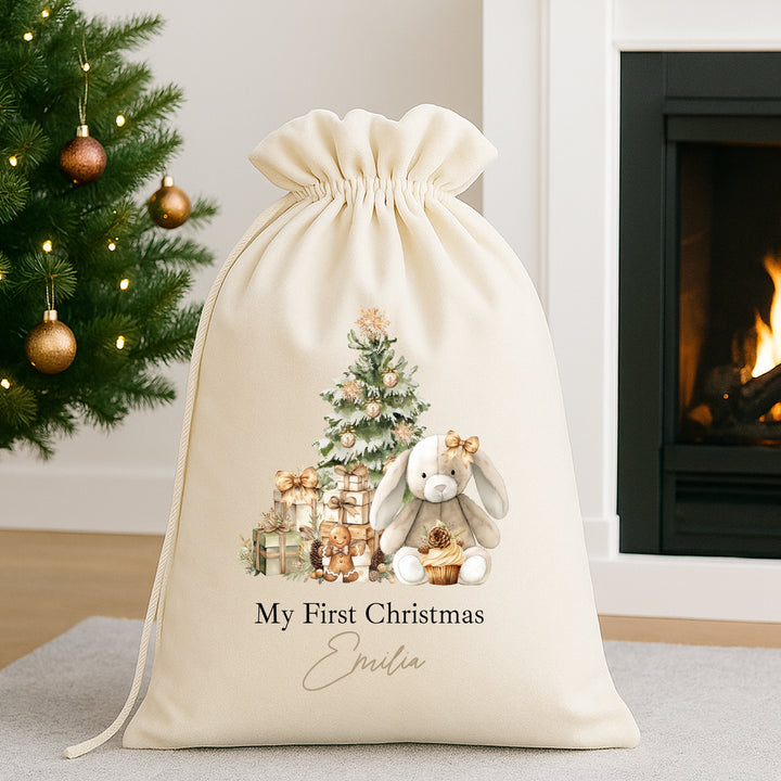Personalised Beige Bunny Christmas Stocking or Santa Sack