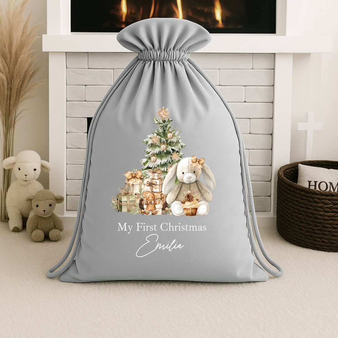 Personalised Beige Bunny Christmas Stocking or Santa Sack