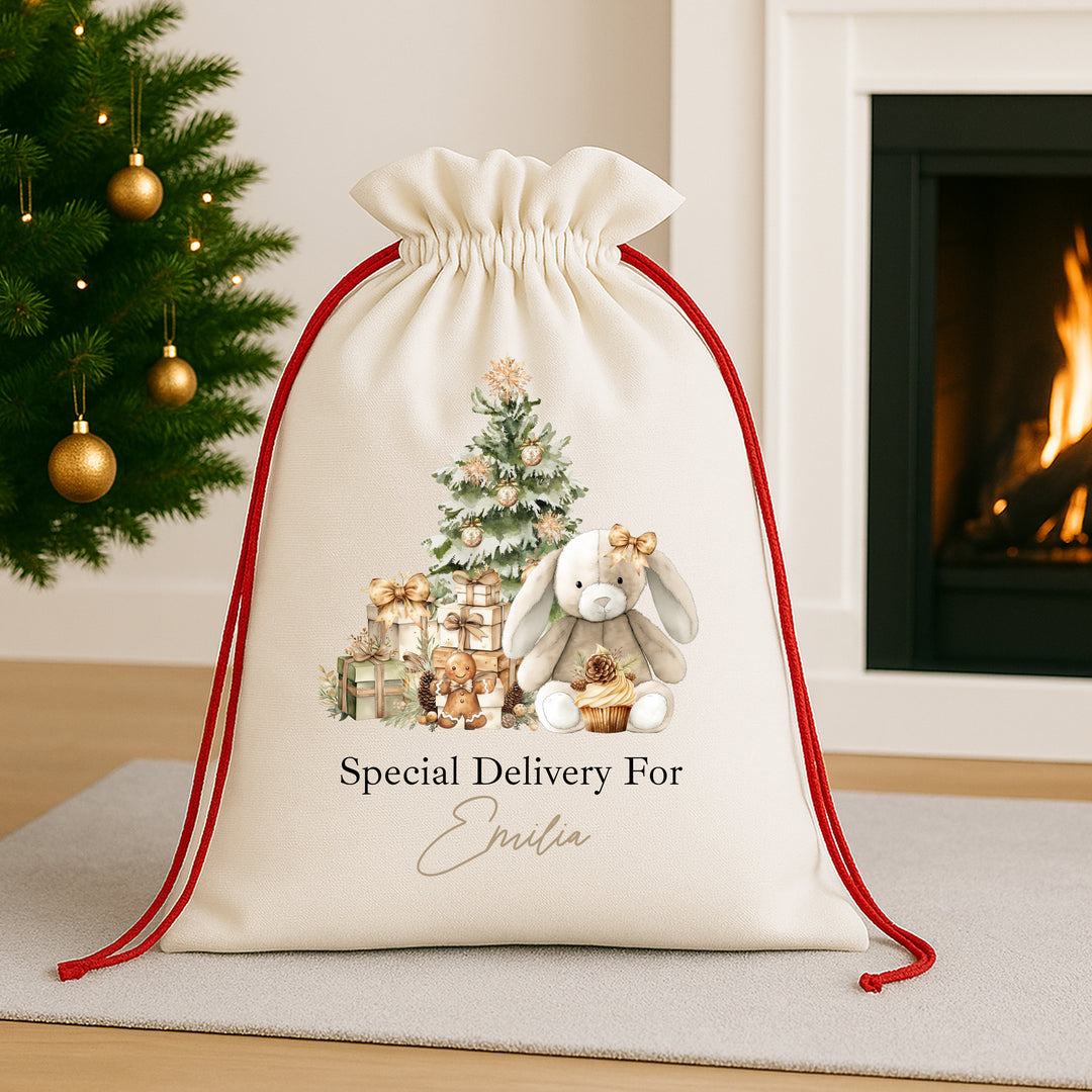 Personalised Beige Bunny Christmas Red Drawstring Santa Sack