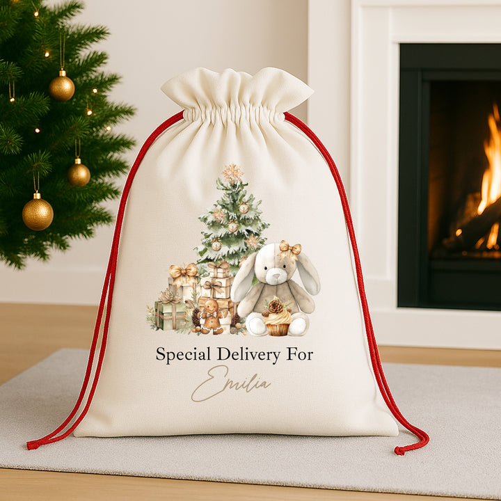 Personalised Beige Bunny Christmas Red Drawstring Santa Sack