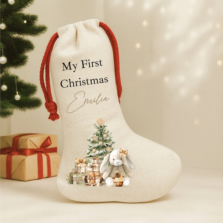 Personalised Beige Bunny Christmas Red Drawstring Santa Sack