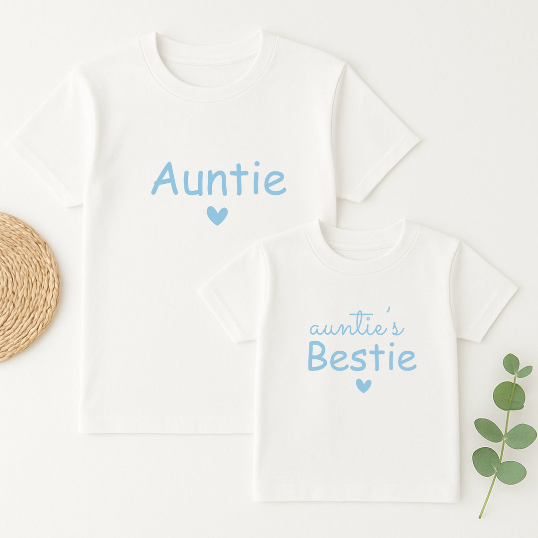 White t-shirt with 'Auntie' and 'auntie's Bestie' text on a white background