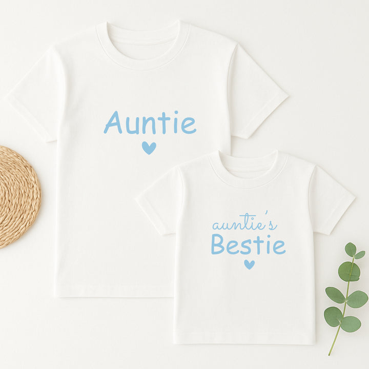 White t-shirt with 'Auntie' and 'auntie's Bestie' text on a white background