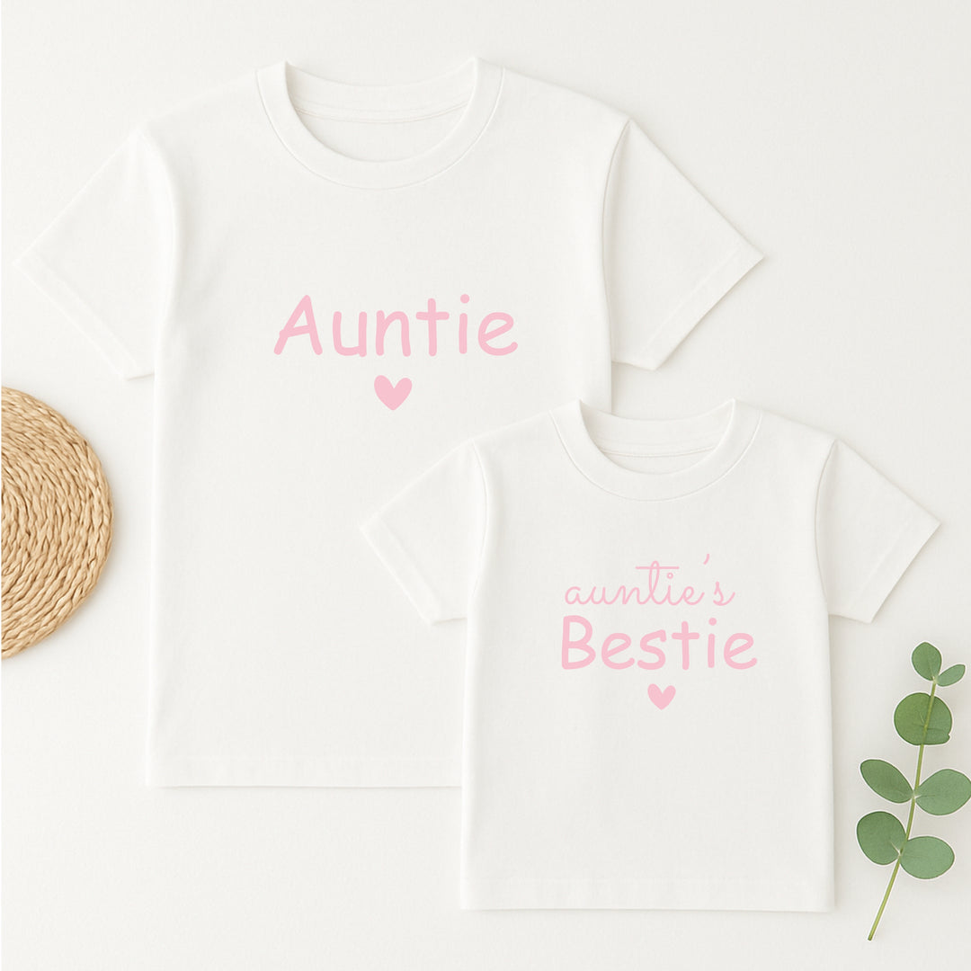 White tank top with 'Auntie' and 'auntie's Bestie' text on a white background