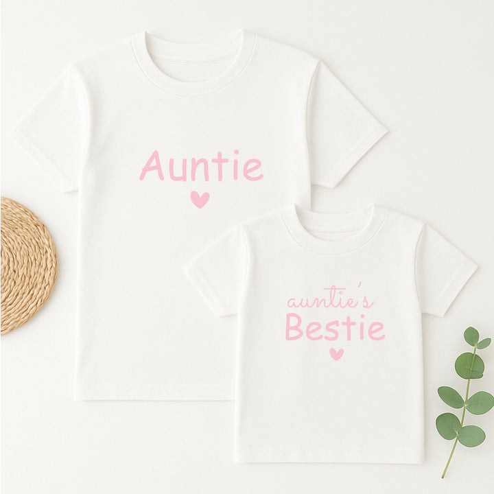 White tank top with 'Auntie' and 'auntie's Bestie' text on a white background