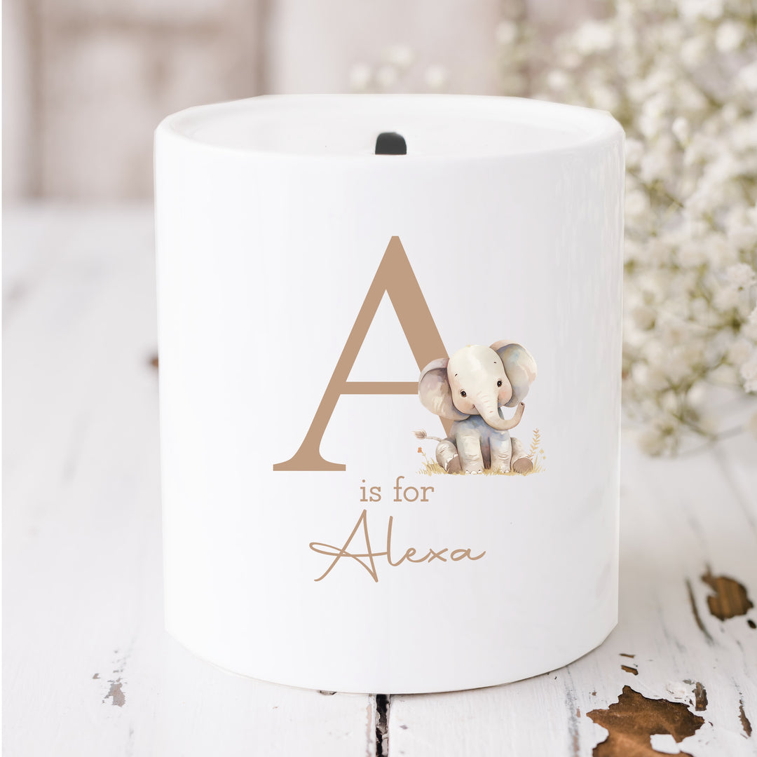 Personalised Beige Elephant Initial Ceramic Money Box