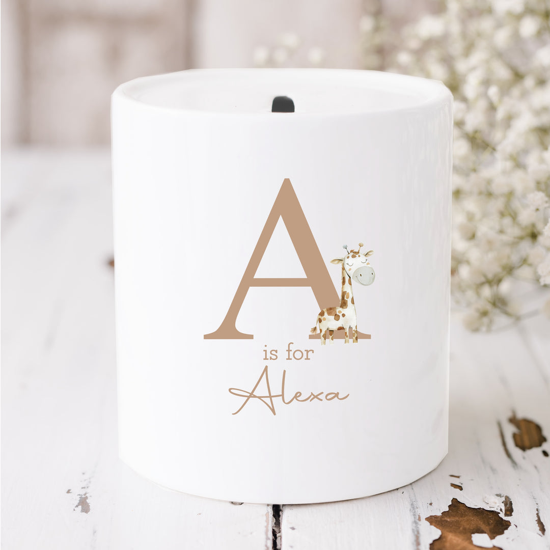 Personalised Beige Giraffe Initial Ceramic Money Box