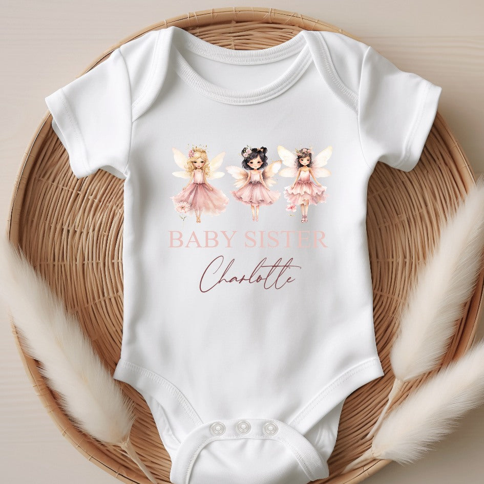 Personalised Girls Pink Fairies Sibling Matching T-shirt/Vest/Bib