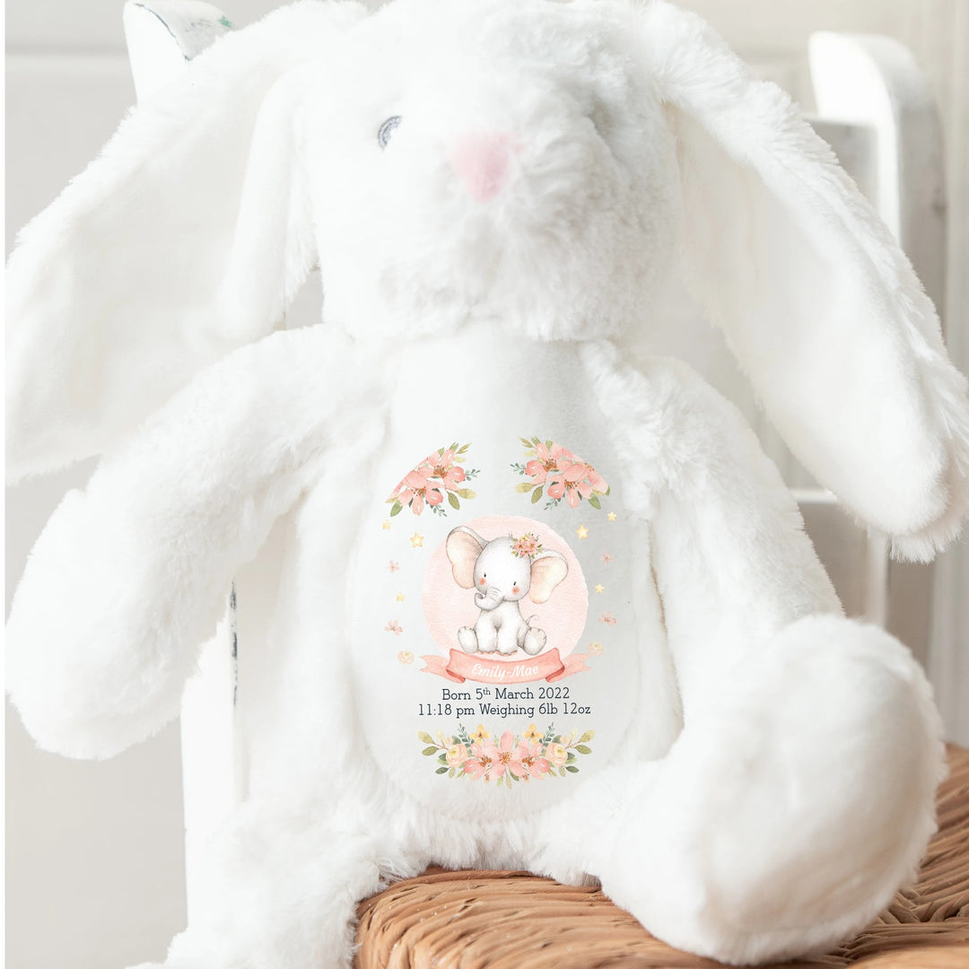 Personalised Pink Elephant Birth Announcement Bunny
