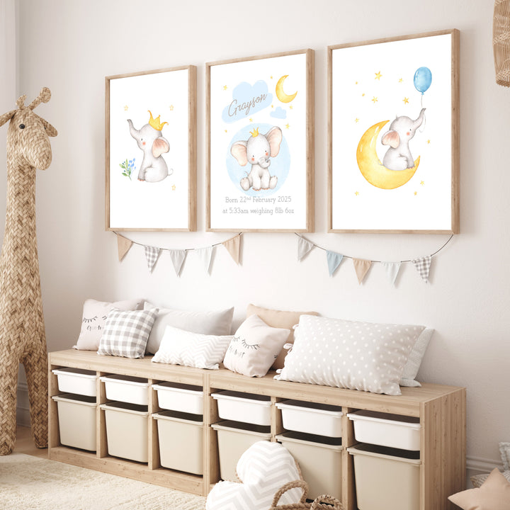 Personalised Blue Elephant Birth Stats Set of 3 Wall Art