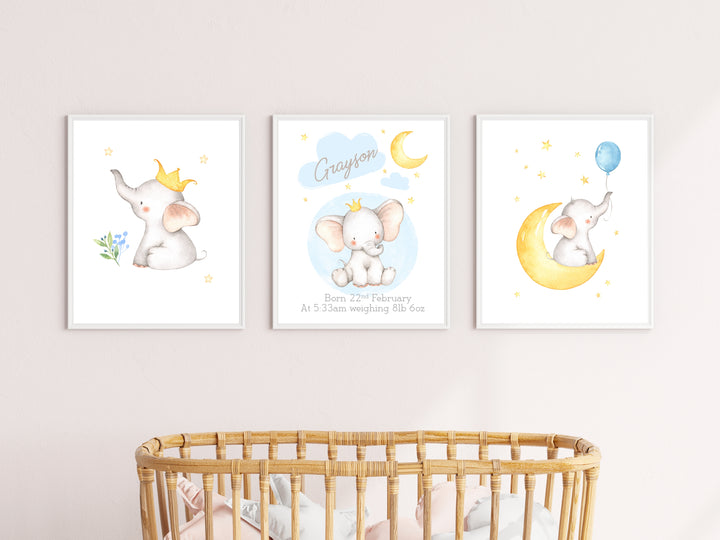 Personalised Blue Elephant Birth Stats Set of 3 Wall Art