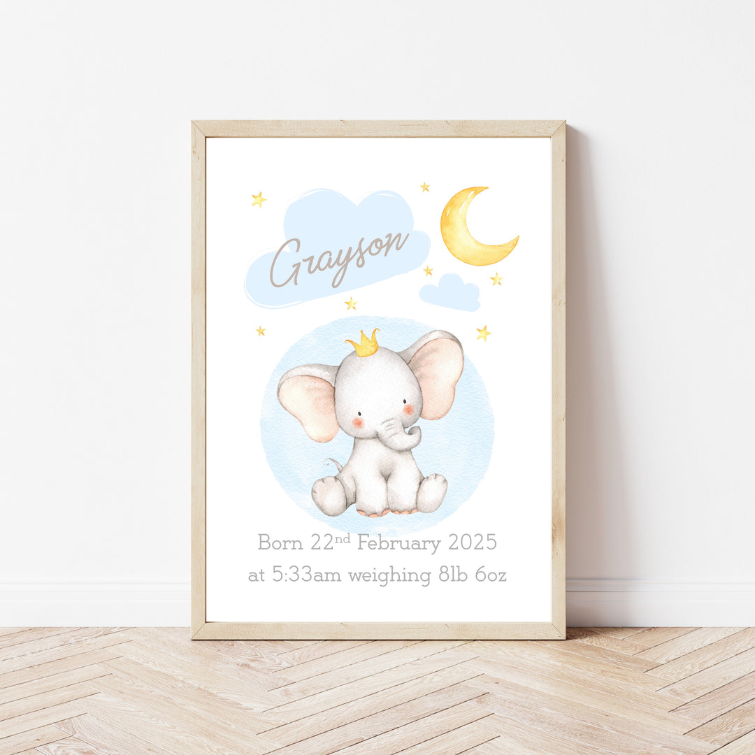 Personalised Blue Elephant Birth Stats Set of 3 Wall Art
