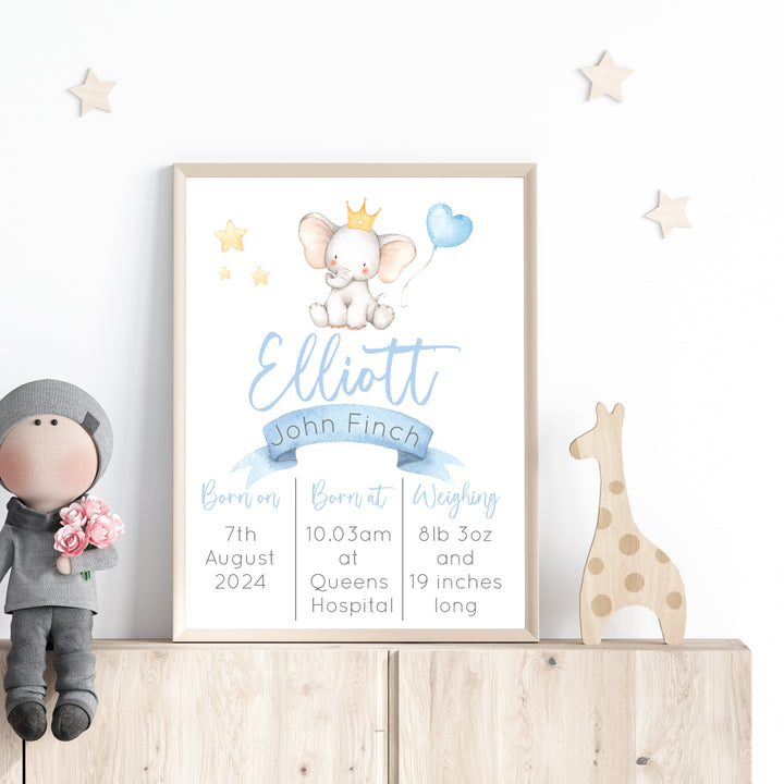 Personalised Blue Elephant Birth Stats Wall Art