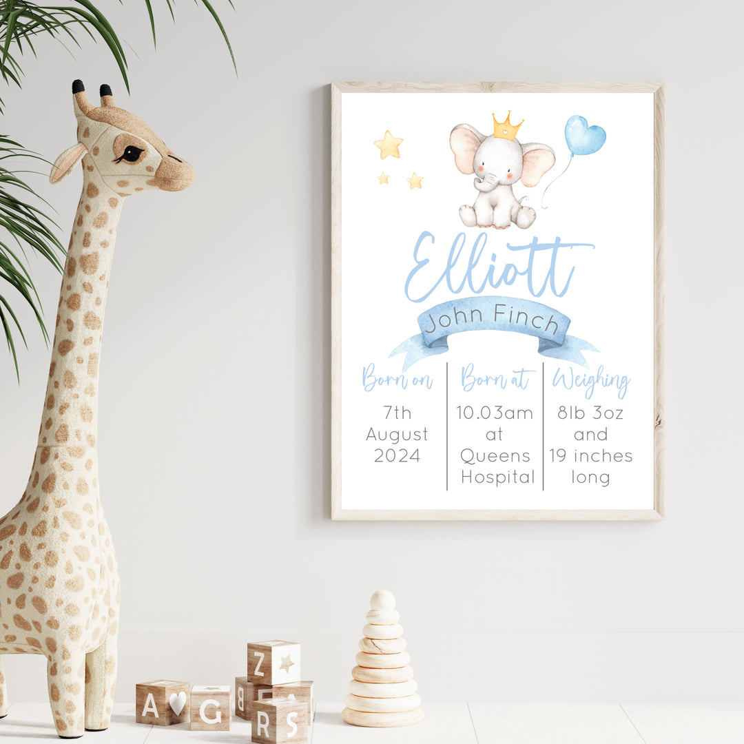 Personalised Blue Elephant Birth Stats Wall Art