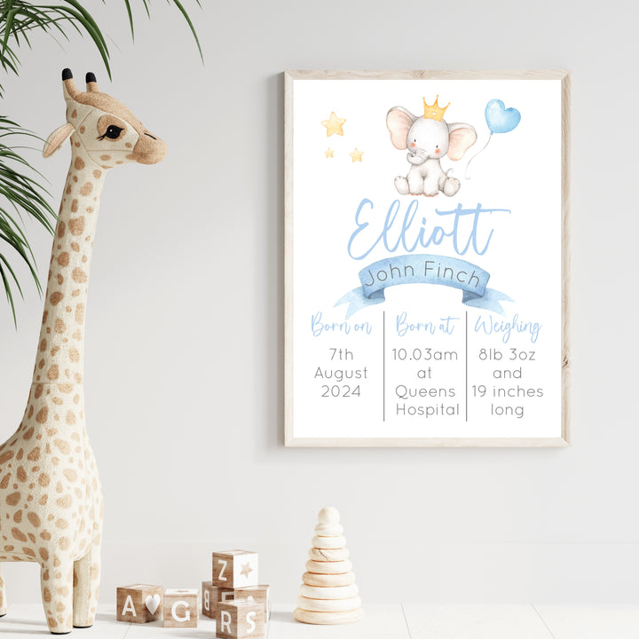 Personalised Blue Elephant Birth Stats Wall Art