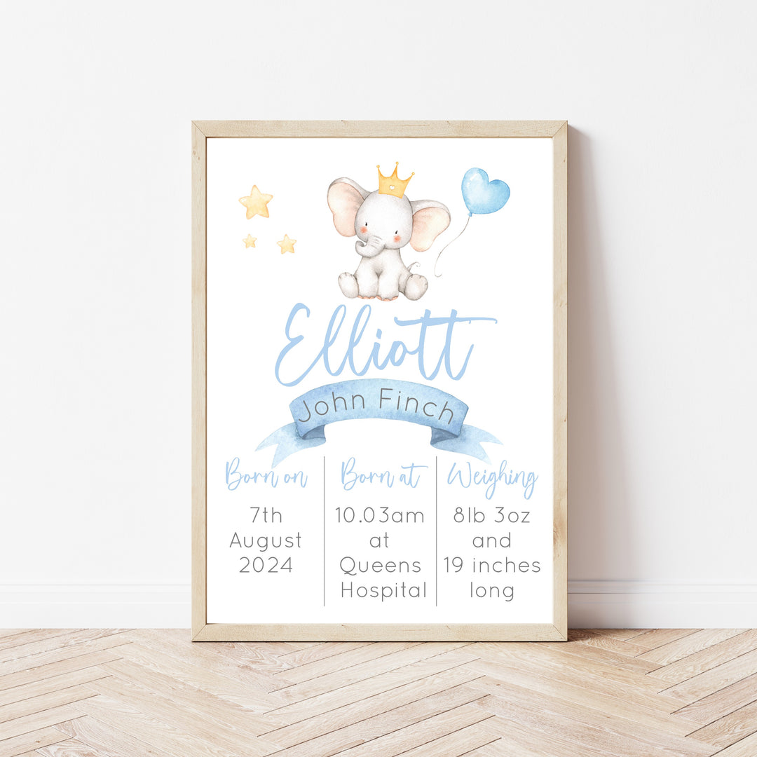 Personalised Blue Elephant Birth Stats Wall Art