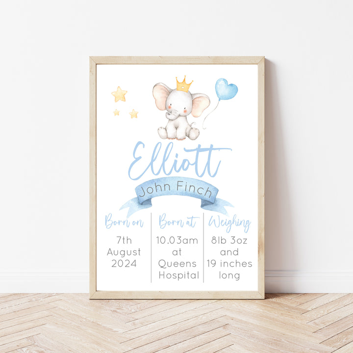 Personalised Blue Elephant Birth Stats Wall Art