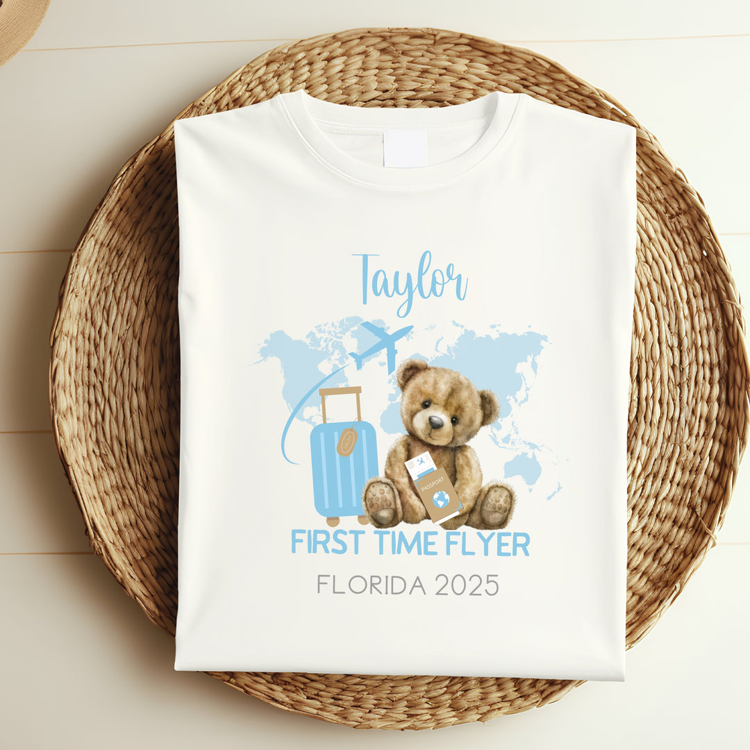 Personalised Blue Teddy First Time Flyer Baby Vest/T-shirt