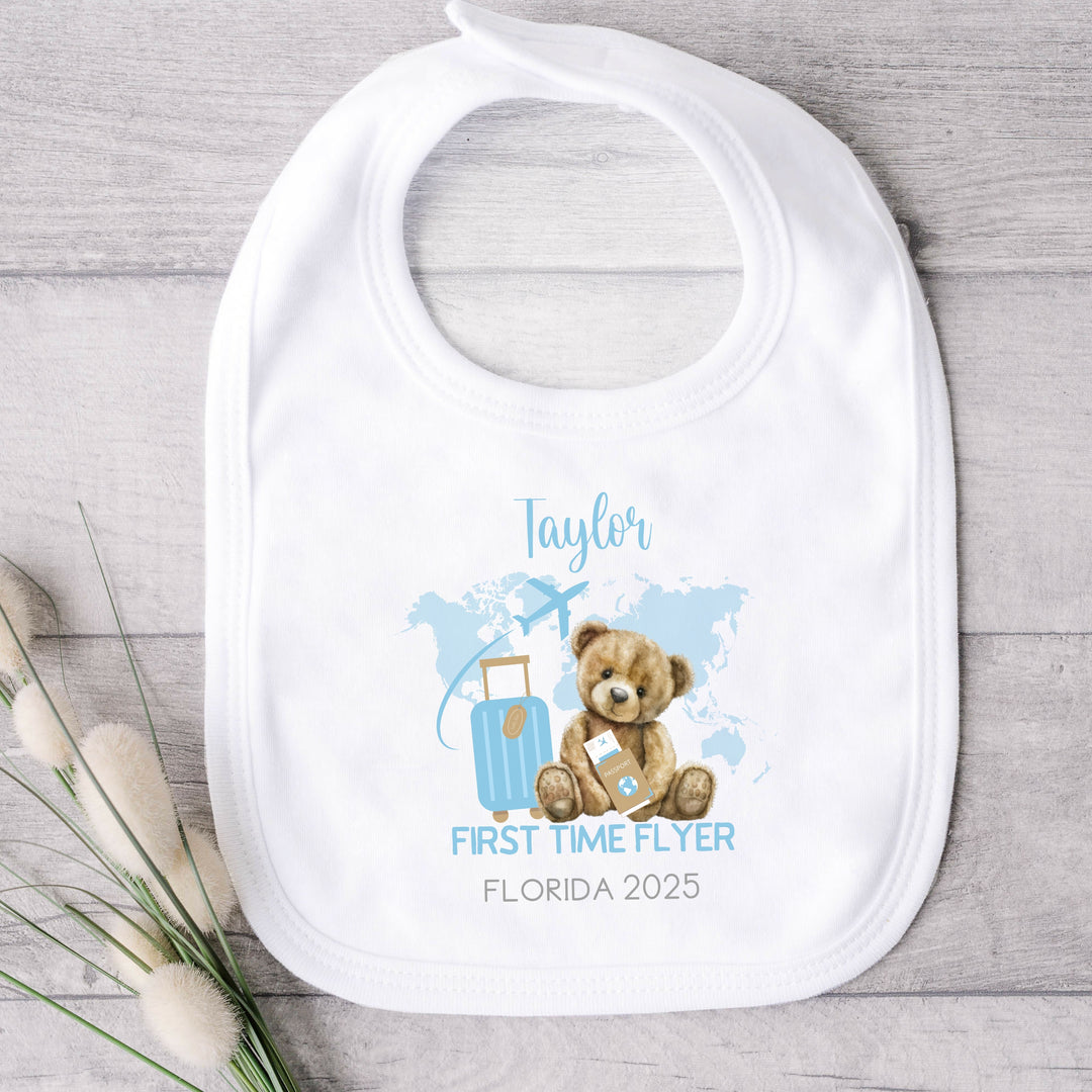 Personalised Blue Teddy First Time Flyer Baby Vest/T-shirt